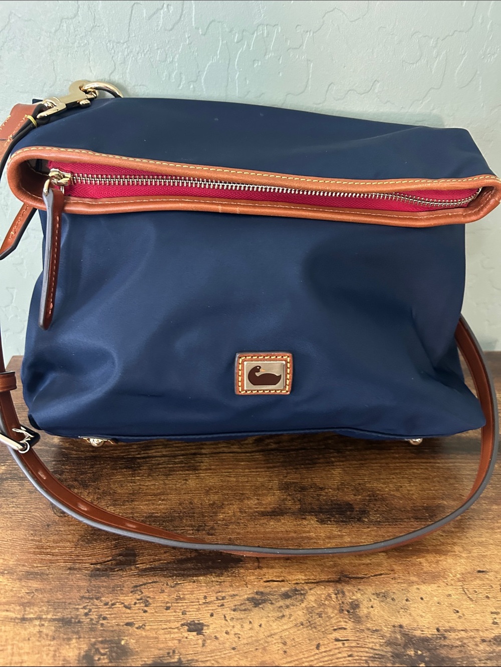 Dooney & Bourke Navy Nylon Crossbody with Brown Leather Trim and Red Zipper